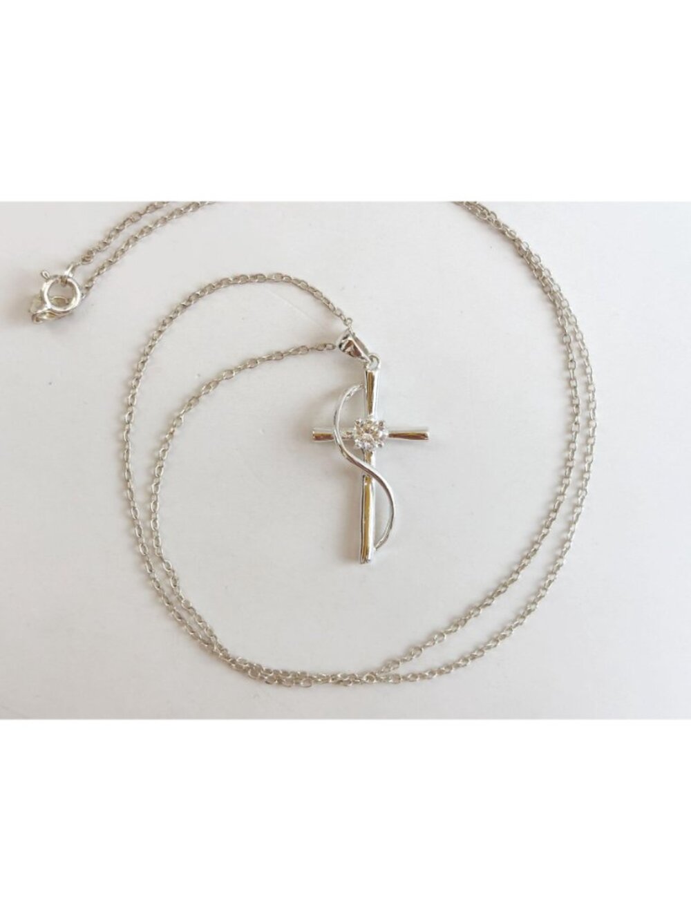Modernist Cubic Zirconia Cross Sterling Silver 925 Vintage Pendant Necklace 16" - Picture 2 of 14
